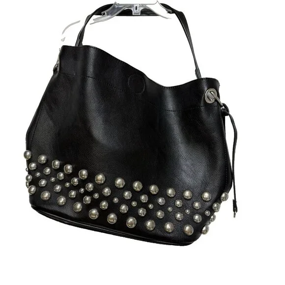 Carlos Santana Womens Purse Shoulder Bag Black Faux Leather Studded Bottom Studs - Picture 1 of 8